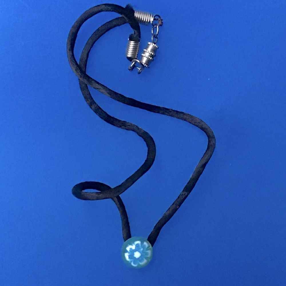 Black Cord Necklace with Blue Glass Flower Pendant